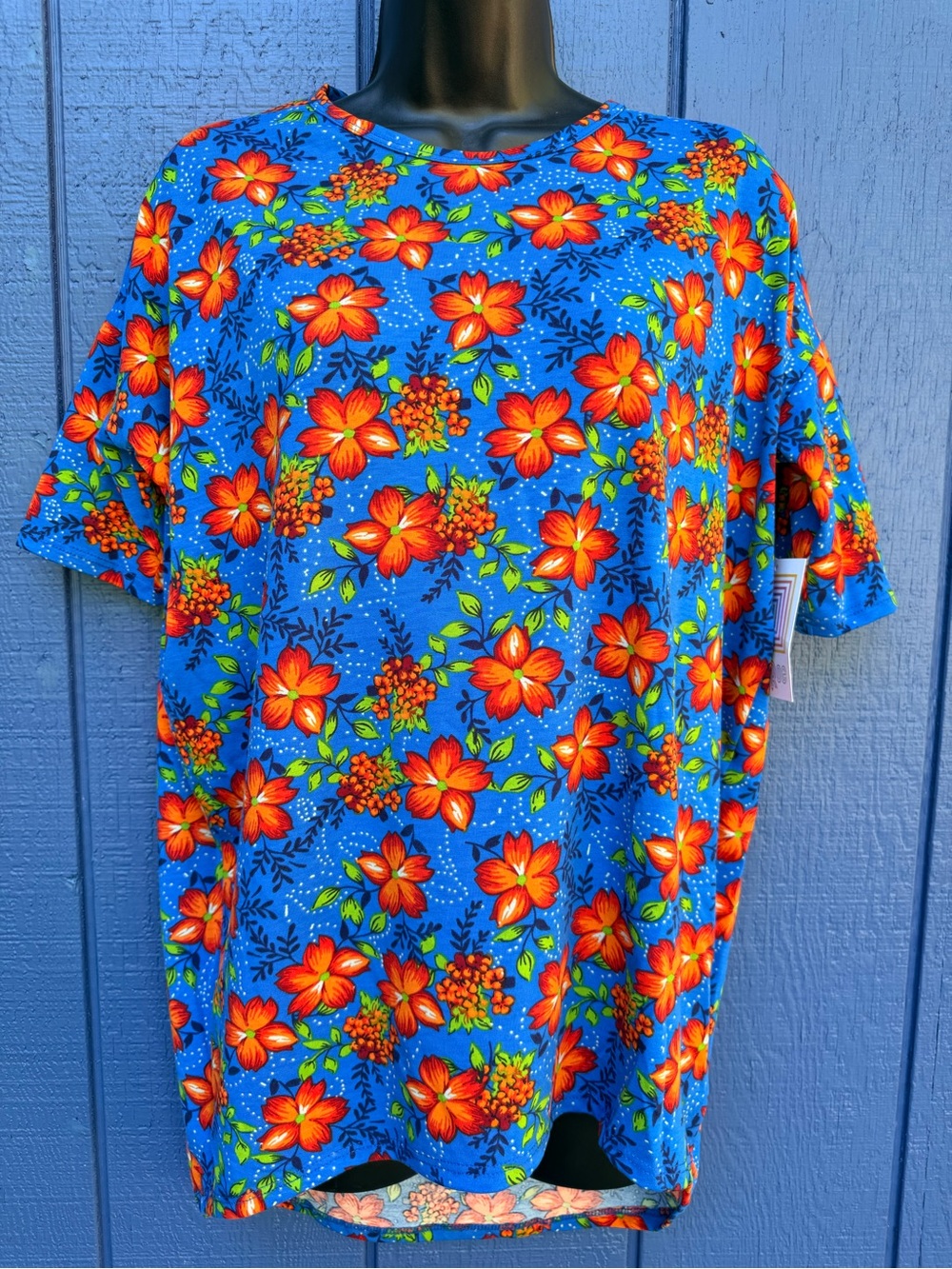 LuLaRoe Blue Short Sleeve Tee with Orange Floral Print
